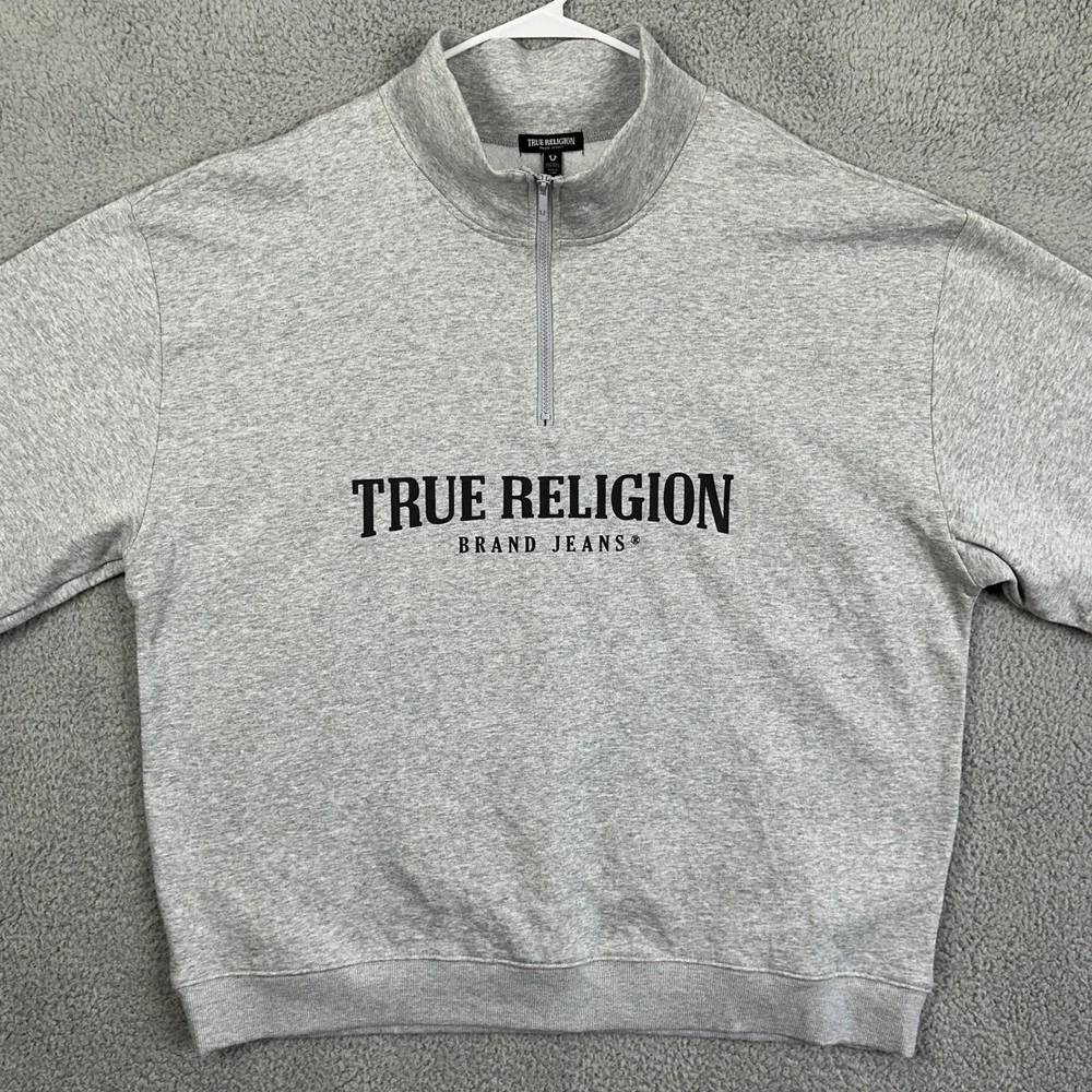 True Religion Sweatshirt Mock Half Zip Men 3XL Heather Gray Relaxed Pullover NEW